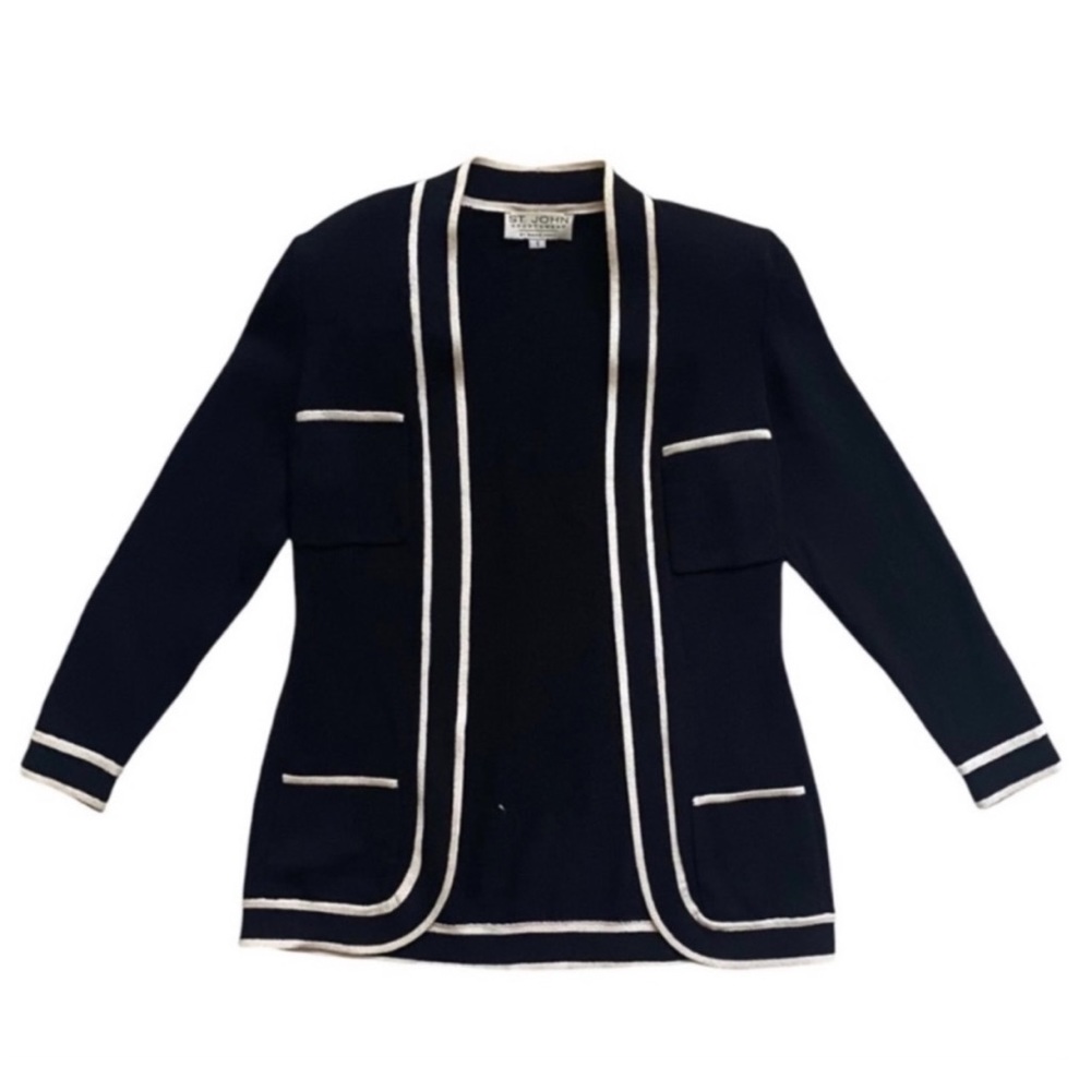 St. John Sportswear By Marie Gray Black Open Knit Cardigan w/White Trim, Small